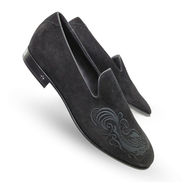 JIMMY CHOO Black Suede Embroidery Eagle Koi Loafers Size EU 44